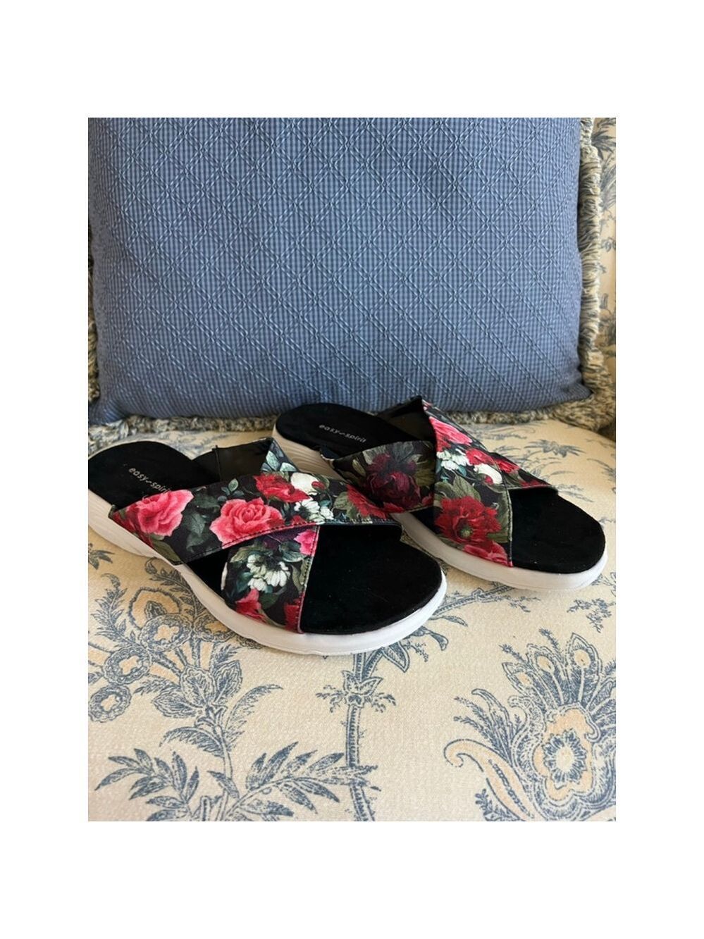 New Easy Spirit Black Red Floral Slip-On Sandals US 11
